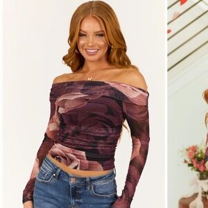 Nanamacs Blue Blush Eggplant Off Shoulder Floral Print Crop Top Size Small